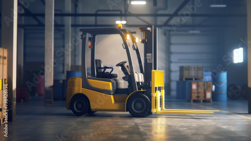 Forklift working in warehouse. Electric loader for loading