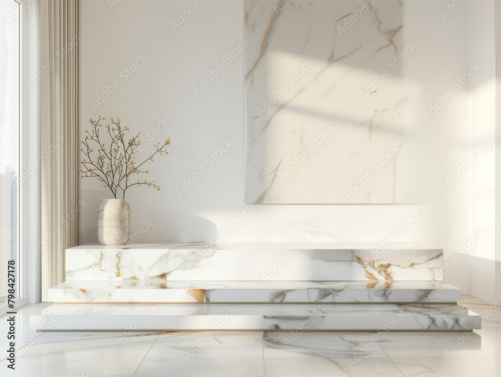 Minimalist White Marble Podium, front view focus, with a Clean Scandinavian Living Room Background Minimalist White Marble Podium, front view focus, with a Clean Scandinavian Living Room Background