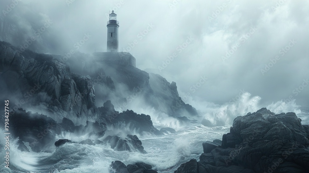 Waves crashing against rocks and a lighthouse barely visible through the mist, create a sense of drama and isolation.
