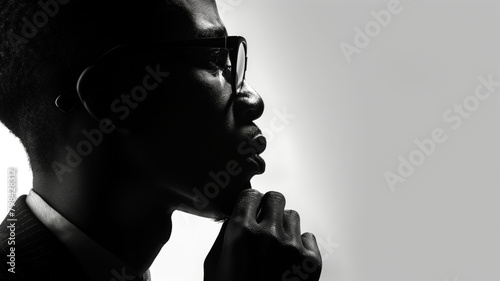 Silhouette of an business man in glasses, looking over shoulder to see what going on around them.  back lit lite studio shot photo