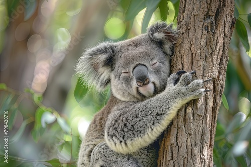 Koala, phascolarctos cinereus, Female carrying Young on its Back,Koala (Phascolarctos cinereus) sitting on tree branch and looking down at camera.A cute koala. photo