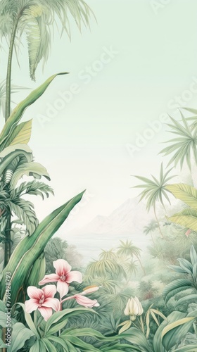 Tropical botanical landscape border of avocado smoothie flower plant tree.