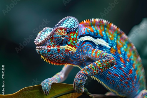 Chameleon on the flower. Beautiful extreme close-up.Yellow blue lizard Panther chameleon isolated on white background,lizard photo