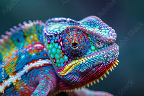 Chameleon on the flower. Beautiful extreme close-up.Yellow blue lizard Panther chameleon isolated on white background,lizard