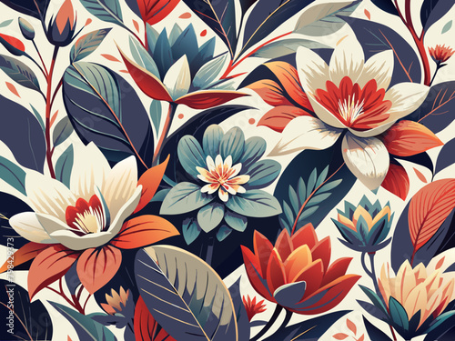 Ilustración vectorial de un fondo colorido con flores y hojas