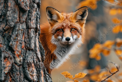 Red Fox - Vulpes vulpes, sitting up at attention, direct eye contact, a little snow in its face, tree bokeh in background Red Fox. The species has a long history of association with humans.The red fox © Sittipol 