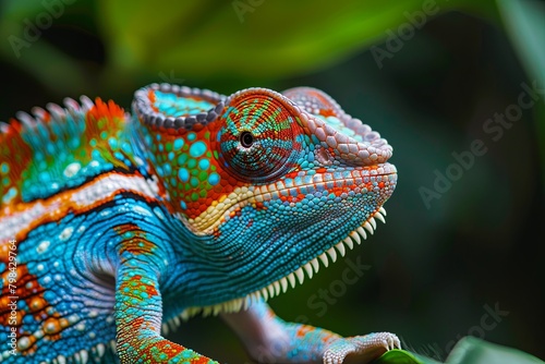 Chameleon on the flower. Beautiful extreme close-up.Yellow blue lizard Panther chameleon isolated on white background lizard