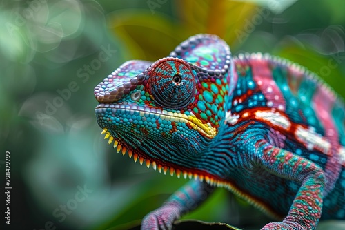 Chameleon on the flower. Beautiful extreme close-up.Yellow blue lizard Panther chameleon isolated on white background,lizard
