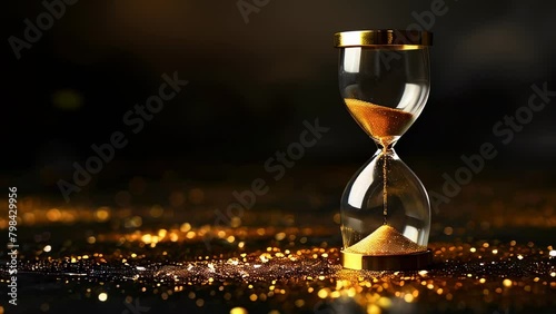 Golden hourglass on glittering black backdrop counting time photo