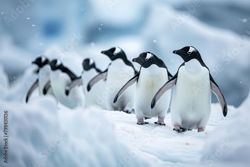  a group of penguins walking  braving the harsh Antarctic conditions  their distinctive black and white plumage standing out against the ice and snow 