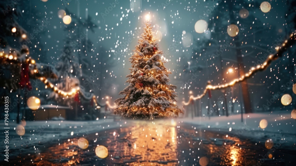 Naklejka premium New Year decorations and Christmas atmosphere on the winter street