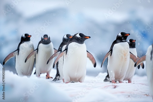  a group of penguins walking, braving the harsh Antarctic conditions, their distinctive black and white plumage standing out against the ice and snow  © Sittipol 