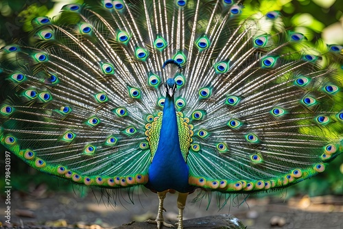 A regal peacock fanning its vibrant feathers, showcasing an impressive array of iridescent blues and greens,