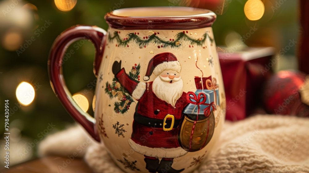 A whimsical ceramic mug with a handpainted design of a jolly Santa holding a sack of gifts the perfect vessel for sipping on eggnog.. A whimsical ceramic mug with a handpainted design of a jolly Santa holding a sack of gifts the perfect vessel for sipping on eggnog..