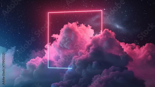 3d cloud going through square window isolated on black background. Starry night sky. Abstract dreaming metaphor. Glowing pink blue neon lines.