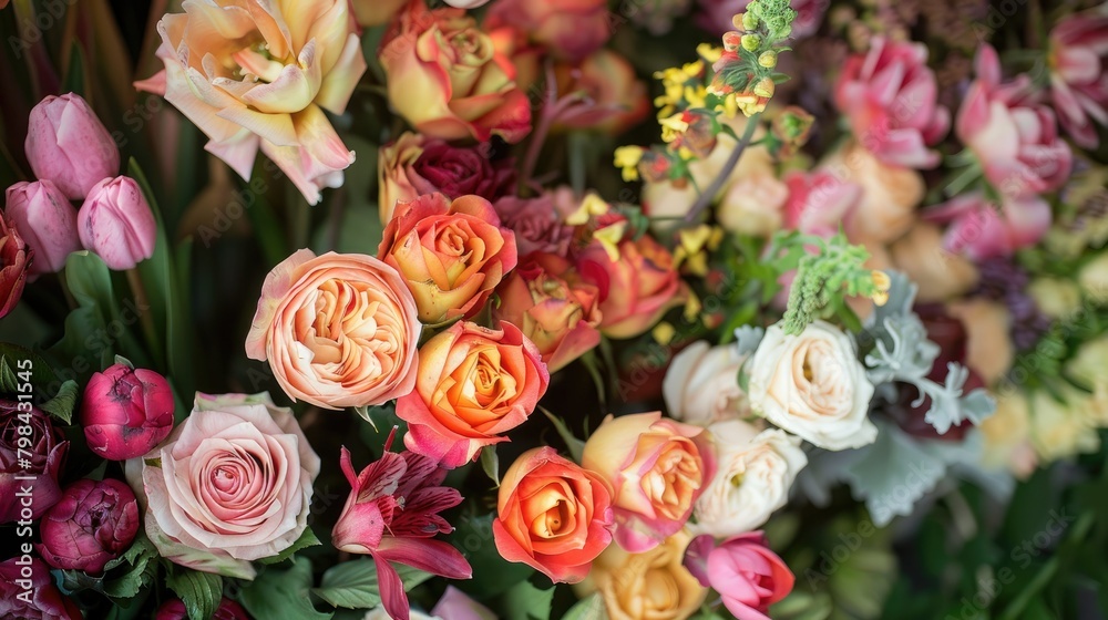 Floral display featuring a mix of roses and tulips