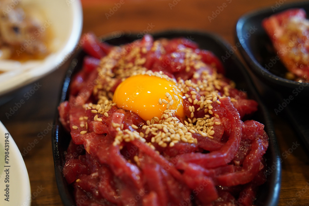 Beef tartare is a traditional Korean dish made by seasoning finely chopped beef without cooking it at all. Beef tartare is a traditional Korean dish made by seasoning finely chopped beef without cooking it at all.