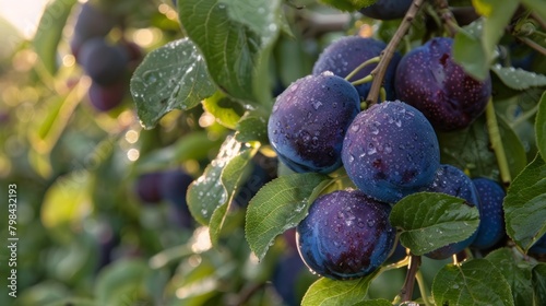 Plums with Morning Dew Hanging on Tree Branches in Orchard