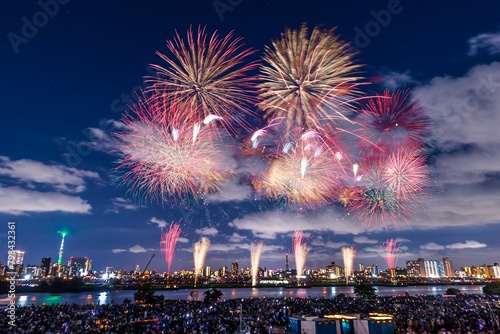 東京の夜景とスカイツリーとともに見る花火大会