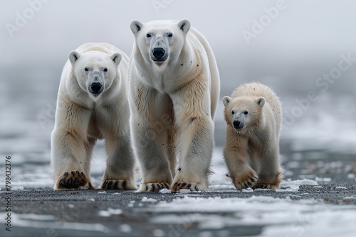 Polar Bear ,Ursus maritimus, family of polar bears navigating the icy Arctic landscape, Polar bear Ursus maritimus walking in the corner,portrait of large white bear on ice © Sittipol 