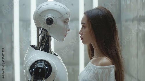 a human and an AI robot confront each other, their conflicting desires for autonomy