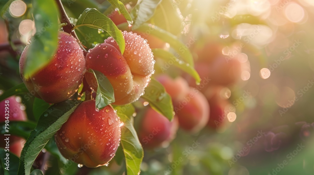 Close Up of Ripe Peaches on a Tree with Morning Dew Close Up of Ripe Peaches on a Tree with Morning Dew