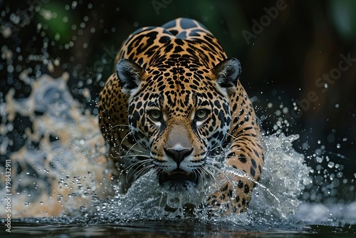 Camouflage male jaguar lurking in forest blue eyes. Jaguar, Panther, front view, isolated on white, shadow. A powerful jaguar emerging from the water after a successful hunt photo