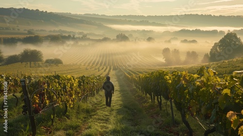 Farmer Walking Through Vineyard with Morning Fog photo