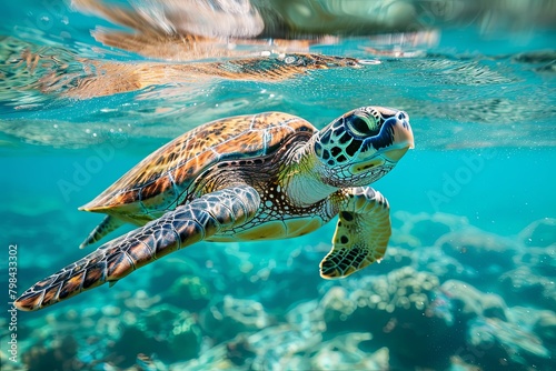 photo of Sea turtle in the island .sea turtle close up over coral reef in Hawaii  curious sea turtle swimming gracefully through clear turquoise waters  its intricate shell adorned with barnacles 