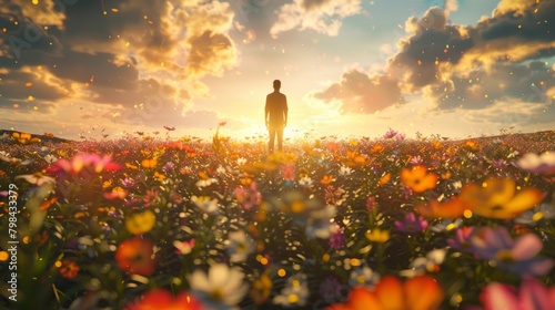 A person stands amidst a field of blooming flowers representing their flourishing immune system.. photo