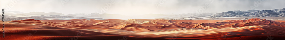 A panoramic view of rolling red sand dunes under a glowing sunrise on a clear background, inspiring adventure. Generative AI A panoramic view of rolling red sand dunes under a glowing sunrise on a clear background, inspiring adventure. Generative AI
