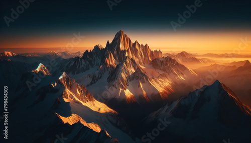 Breathtaking panoramic view of sharp mountain peaks bathed in the warm glow of a sunset. photo