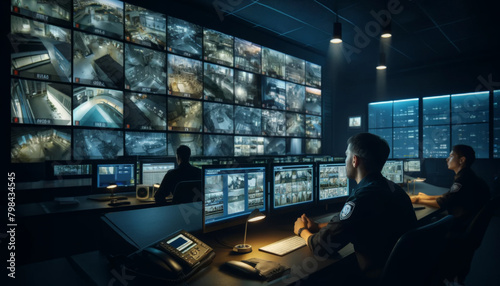 High-tech security control room with multiple monitors displaying surveillance footage, with officers monitoring activity.