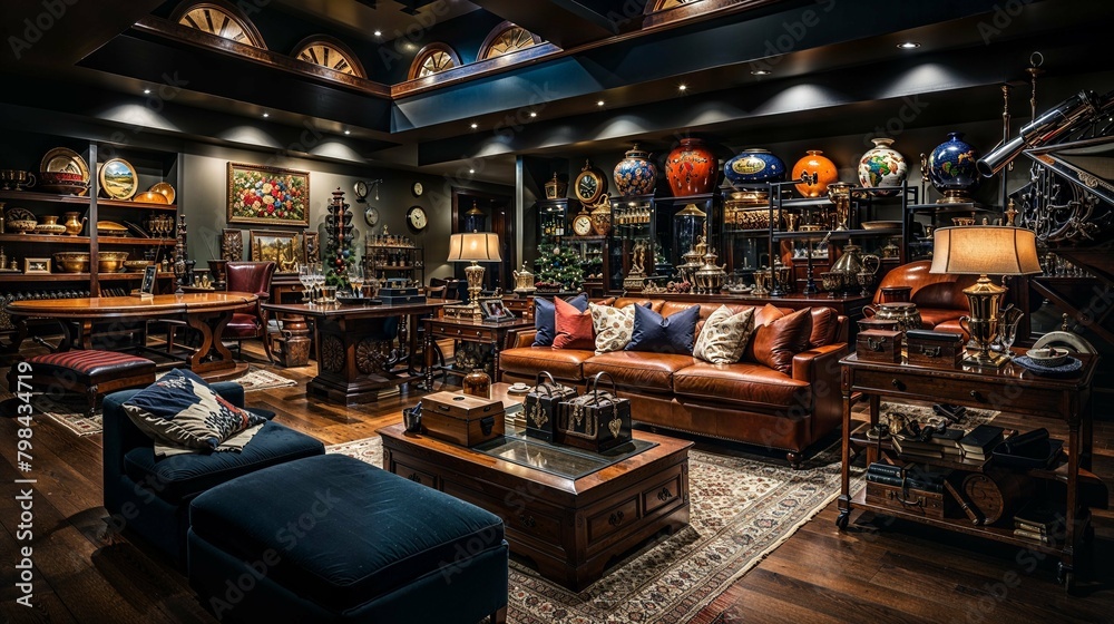 Adventurer's Lounge with Worldly Antiques and Luxe Leather Seating Adventurer's Lounge with Worldly Antiques and Luxe Leather Seating