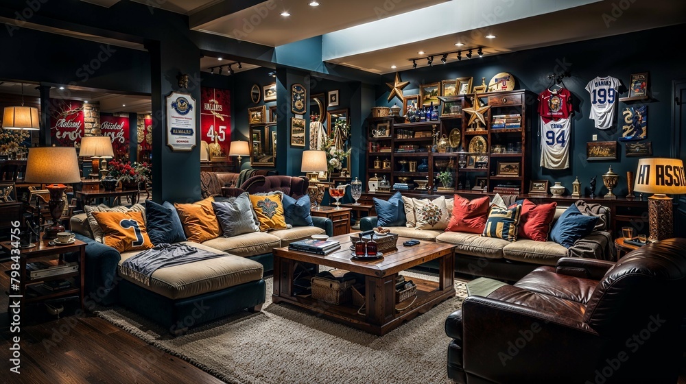 Sports Fan's Dream Lounge with Jersey Wall Display and Plush Seating