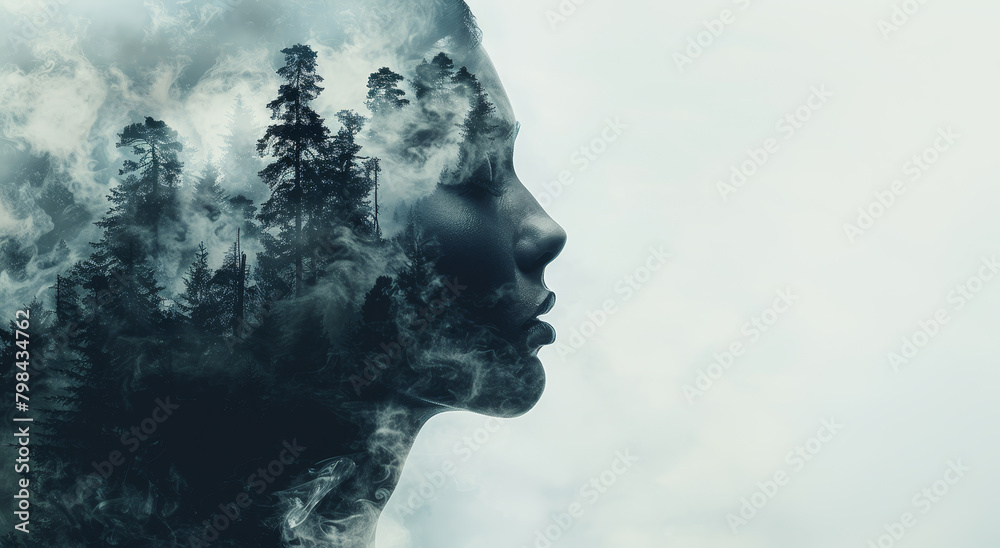 A double exposure image of a woman's profile blended with a forest landscape on a misty background, evoking a concept of nature's essence. Generative AI