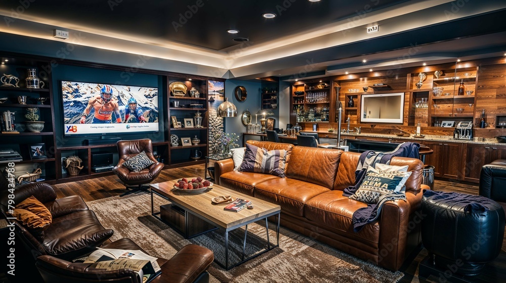Contemporary Entertainment Room with Leather Furniture and Home Bar