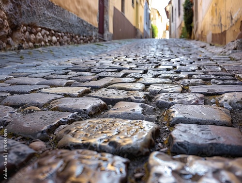A traditional Spanish cobblestone street, captured in a minimalist style, focusing on the textures and patterns.