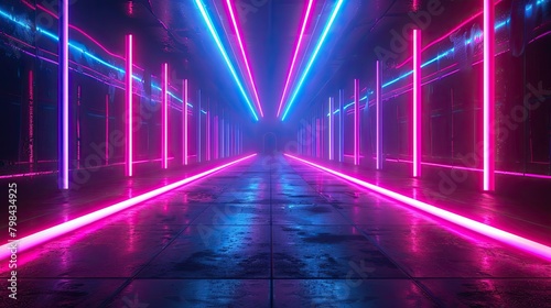 A long, narrow room with neon lights on the walls photo