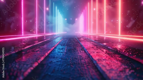 Fototapeta Naklejka Na Ścianę i Meble -  A neon lighted tunnel with a blue and red glow