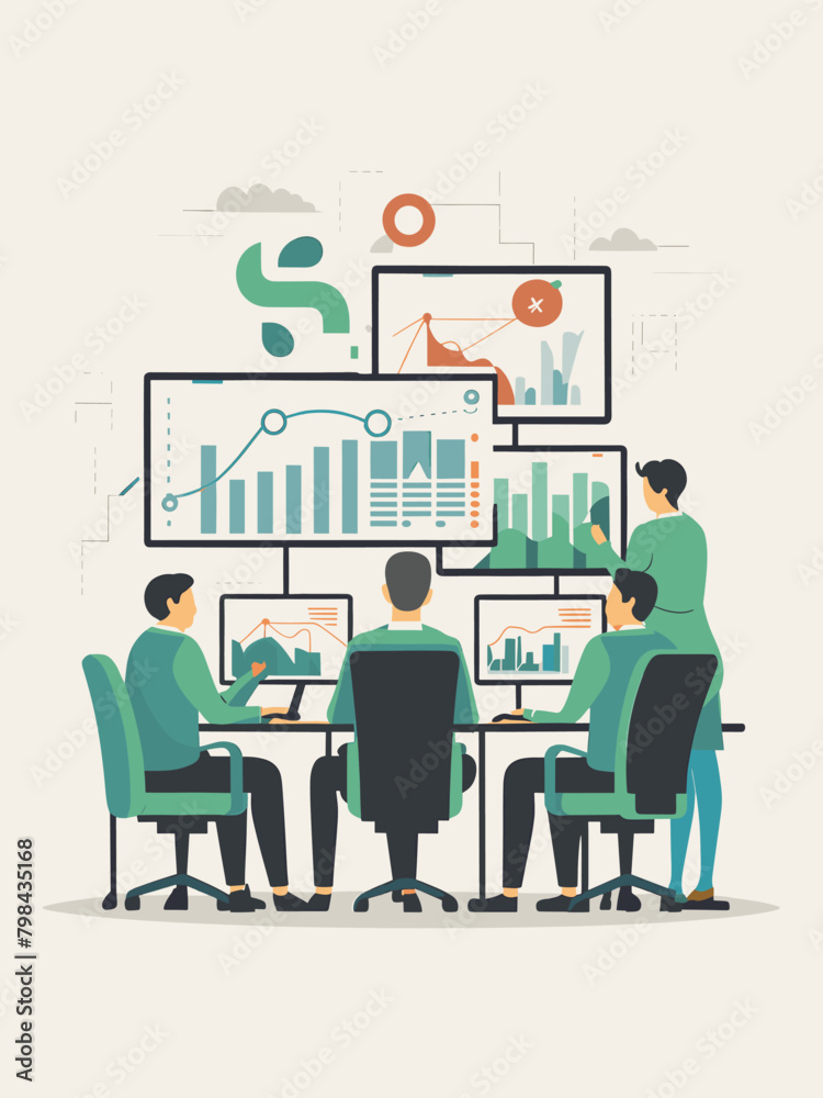 Visual Illustration of a Team of Business Analytics Team Working With Big Data Visualizations on Multiple Screens, Vector Format