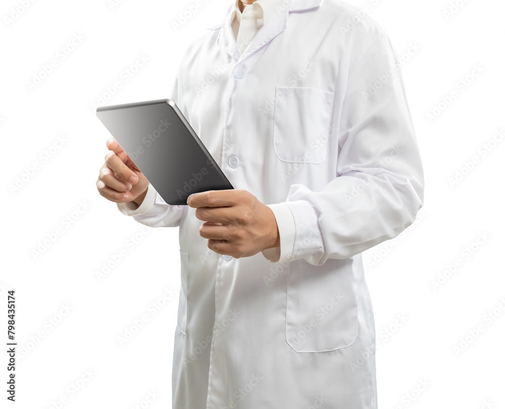 Doctor wear white lab coat work with tablet isolate on white Doctor wear white lab coat work with tablet isolate on white