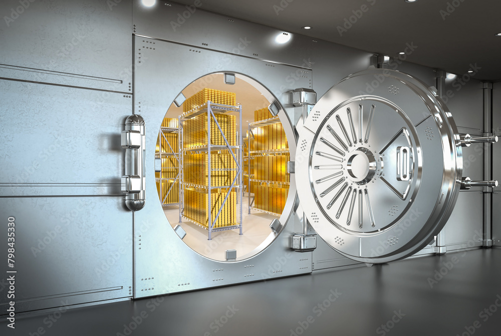 Bank vault door opened with bullion inside Bank vault door opened with bullion inside