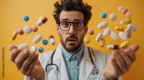 Doctor throwing pills in the air with yellow background 