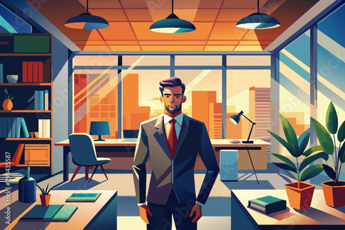 Ilustración vectorial de un cartel de un hombre con traje y corbata en una habitación con una ventana y una computadora portátil