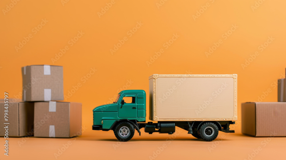 Toy delivery truck with boxes on an orange background, representing a concept of logistics and transportation. Generative AI Toy delivery truck with boxes on an orange background, representing a concept of logistics and transportation. Generative AI