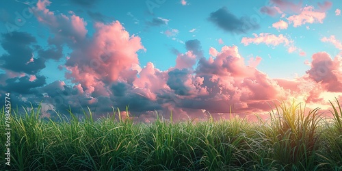 Green grass under a pastel sky decorated with delicate pink clouds. Aesthetic calm landscape. Generative AI