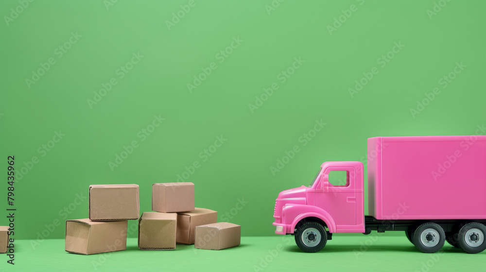 Cartoon-style pink delivery truck with cardboard boxes against a green background, depicting a moving concept. Generative AI Cartoon-style pink delivery truck with cardboard boxes against a green background, depicting a moving concept. Generative AI