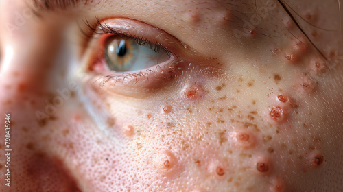 close up of a person's face with a lot of red spots on her skin photo