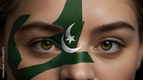 Pakistan flag painted on woman face isolated .Generative AI © adan